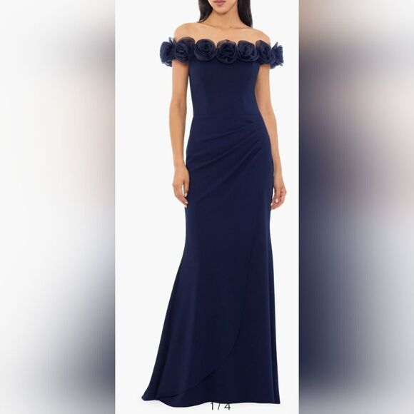 XSCAPE Floral Appliqué Off the Shoulder Gown NWT size 10 Navy Blue - Picture 1 of 7